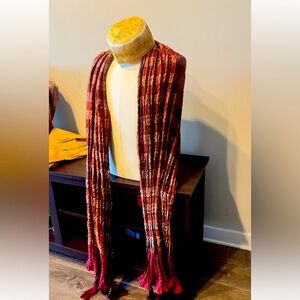 Striped Red and Gold Indian Pure Raw Silk  Scarf with tassels